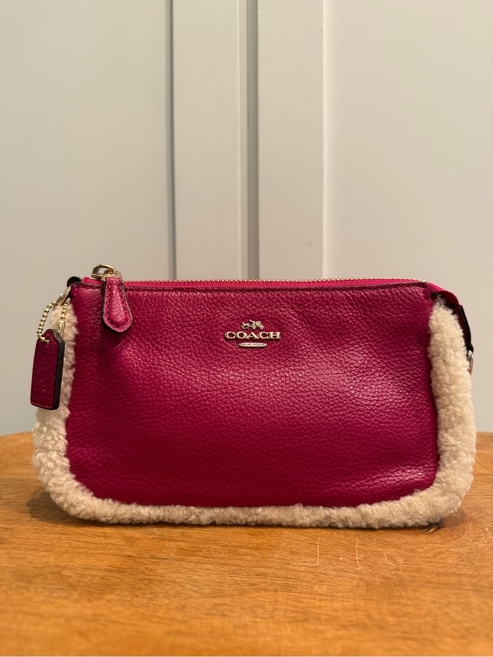 Coach Cranberry Leather Wristlet with Shearling Trim